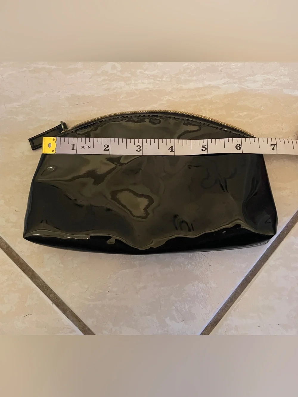 Vintage Glossy Black Patent Leather Cosmetic Bag Gold Zipper Small